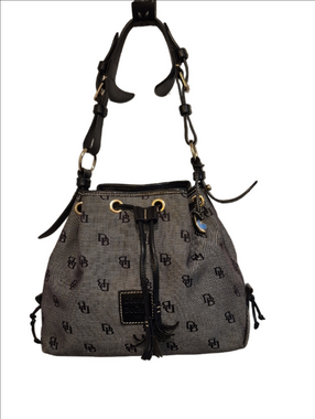 Dooney & Bourke Black Monogram Drawstring Shoulder Bag with Black Trim